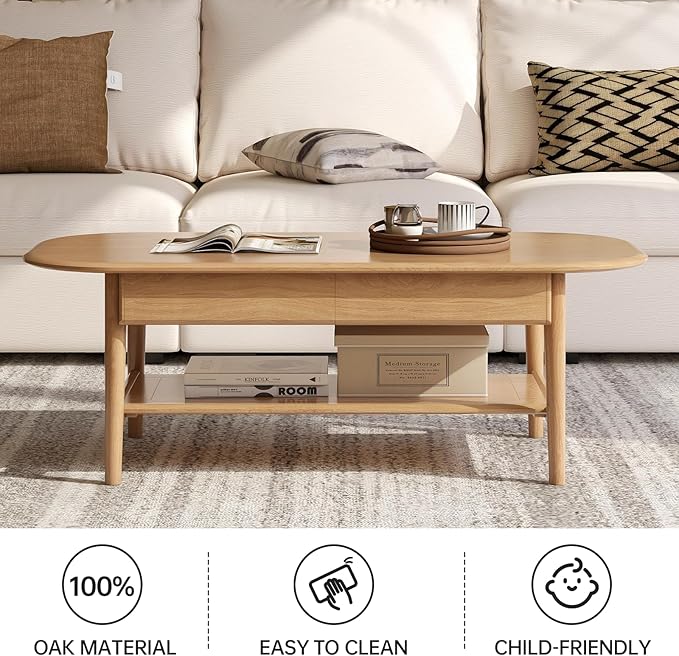 100% Solid Wood Coffee Table for Living Room, 2-Tier Living Room Table with 2 Drawers and Shelf Storage, Mid Century Modern Coffee Table for Home (Oak Natural Wood, 47.24'' W)