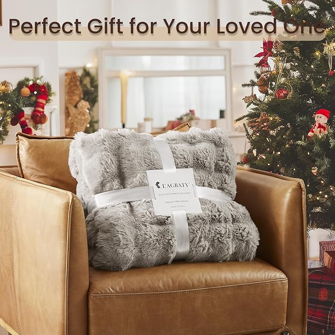 L'AGRATY Faux Rabbit Fur Blanket: 50" x 60" Luxury Soft Fluffy Thick Fur Throw Blanket for Couch Bed Sofa - Cozy Plush Bubble Blankets for Winter: Warm Flannel Fleece Decorative Blanket(Castle Grey)