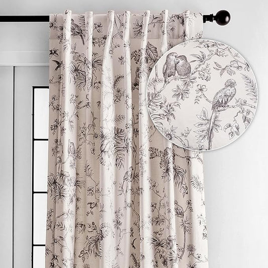 Maison d' Hermine Curtains for Living Room 100% Cotton 96 inch Length One Panel Light Filtering Toile Curtains for Bedroom Windows with Rod and Loop Pockets Drapes (Jouy Paradise Grey, 50" W x 96" L)