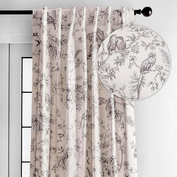 Maison d' Hermine Curtains for living room 100% Cotton 108 inch length One Panel Light Filtering Toile Curtains for Bedroom Windows with rod and loop Pockets Drapes (Jouy Paradise Grey, 50"W x 108"L)