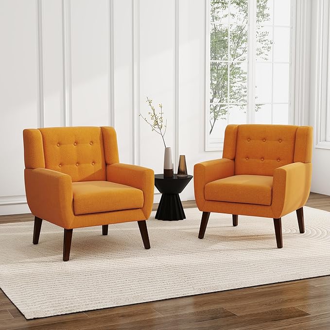 UIXE Accent Chair, Modern Upholstered Armchair in Fabric for Living Room, Comfy Club Arm Chairs Single Sofa Button Tufted Bedroom Reading Seat - Orange, Set of 2