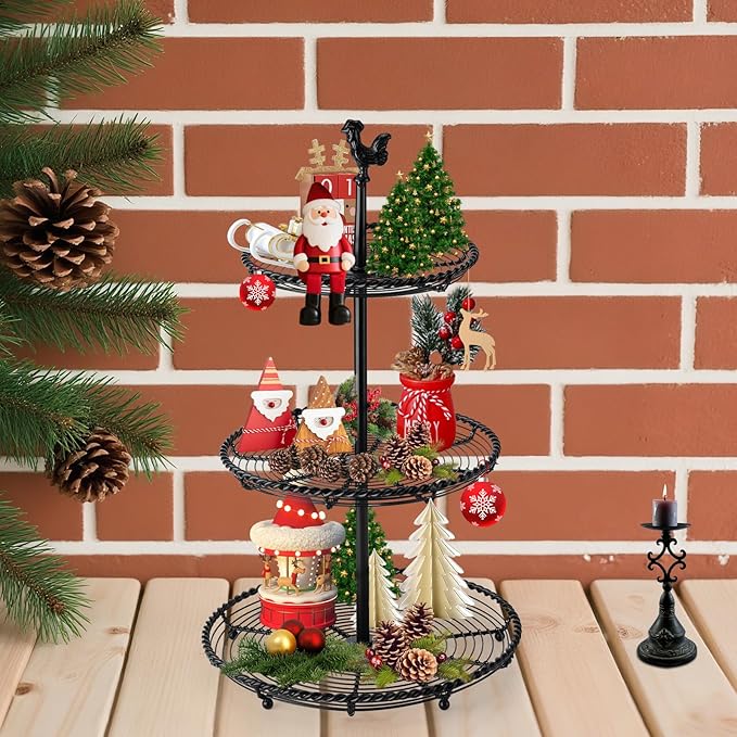 Openwork 3 Tiered Tray Stand, Vintage All-Iron 3 Tier Serving Tray with Hand - Twisted Edges & Chicken Top, Convertible Two Tiered Tray Stand for Home Kitchen Decor, Coffee Food Fruits Cupcakes