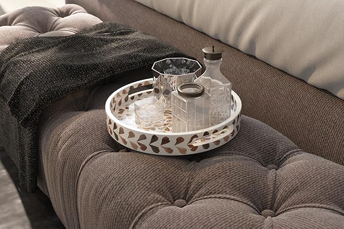 PEMAR 12.6” Mother of Pearl Round Serving Tray with Handles, Decorative Nacred Wooden Ottoman Coffee Table Tray for Dining, Party, Dinner, Breakfast in Bed (Brown Floral Pattern)