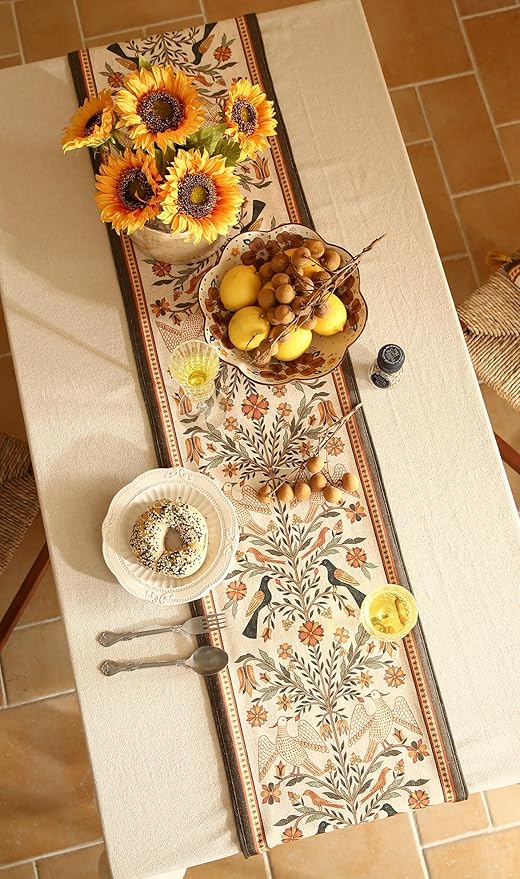 Vintage Linen Table Runner 87 Inches Long,Floral Print Italian Rustic Runner for Coffee Table Decor Tabletop Table Runners for Kitchen,Dining,Party,Home,Christmas,12"*87"