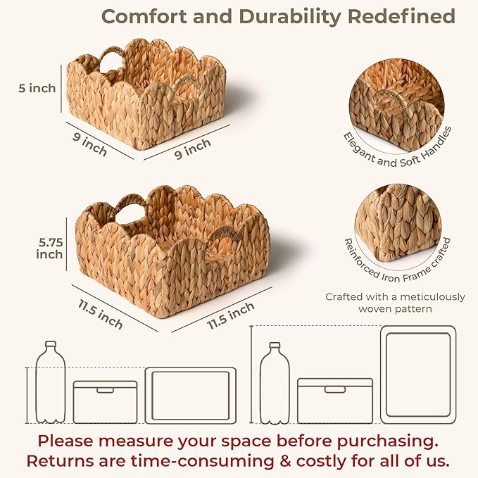 KOKODO Set of 2 Scalloped Wicker Baskets, Handwoven Water Hyacinth Decorative Bins with Handles for Home Decor & Organizing