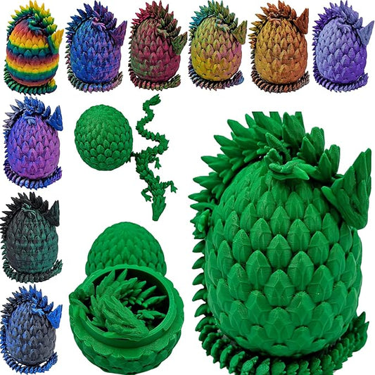3D Printed Dragon Egg Articulating Gemstone Dragon Fidget Figurine - Vibrant Color Dragons Flexible ADHD, Autism and Anxiety Relief - Articulated Joints (Green)