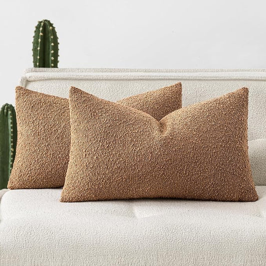 Woaboy Pack of 2 12x20 Inch Decorative Boucle Throw Pillow Covers Textured Lumbar Pillowcaes Accent Solid Cozy Soft Cushion Covers Home Decor for Sofa Couch Living Room Home Decor,Brown