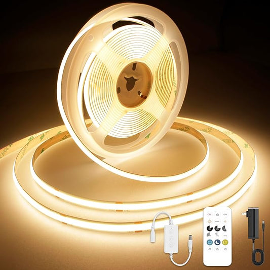COB LED Strip Light Warm White 24.6FT, High Bright LED Strips with 2400LEDs, RF Remote and UL Power Supply, 3000K Dimmable LED Lights for Bedroom, Kitchen, DIY Home Decoration