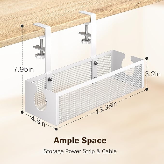 DELAMU Under Desk Cable Management Tray, No Drill Metal Mesh Cable Management Under Desk with F-Clamp Mount & 2 Open Holes, Cord Organizer for Home Office, 1 Pack, White