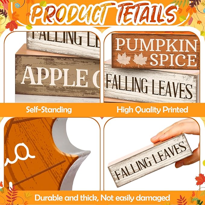 4 Pcs Fall Decor Wooden Maple Leaf Decoration Fall Tiered Tray Decor Rustic Wooden Maple Leaf Block Sign Gift Thanksgiving Table Centerpiece Farmhouse for Autumn Harvest Party Home Kitchen