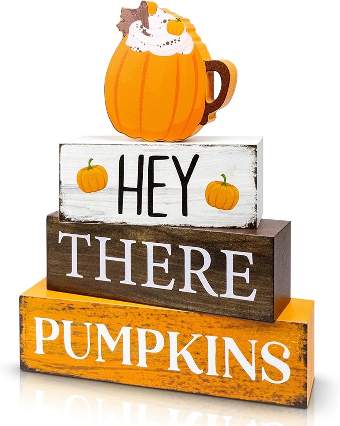 4 Pcs Fall Decor Wooden Tiered Tray Decor, Pumpkins Autumn Decorations Gifts for Home, Thanksgiving Table Centerpiece for Autumn Harvest Party Kitchen