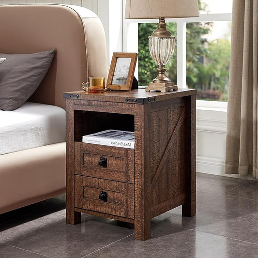 RedLemon Farmhouse Nightstand with Charging Station, Rustic 18 Inch End Table with 2 Storage Drawers and Open Shelf, Wood Sofa Side Table for Bedroom, Living Room (Reclaimed Barnwood)