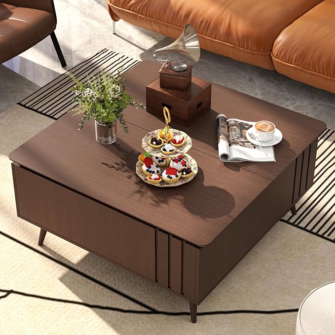 Lift Top Coffee Table with Storage,36" Large Square Coffee Tables for Living Room,Mid Century Modern Center Table for Home, Dark Walnut