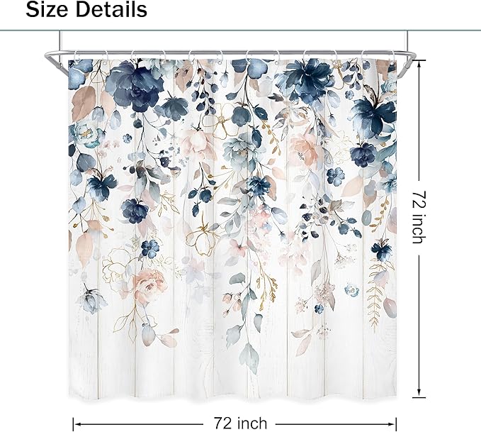 Rustic Floral Shower Curtain 72Wx72L Inch Spring Summer Blue Flower Pink Wildflower Plant Botanical Bathroom Set Boho Wooden Board Eucalyptus Leaf Bath Curtain Bathtub Accessories Home Decor