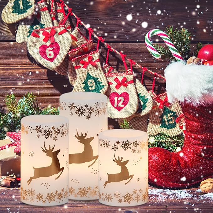 DRomance Gold Deer Flameless Flickering Candles Battery Operated with 6H Timer, 3 Pack Real Wax Warm Light LED Pillar Candles Dinner Tabletop Holiday Centerpiece Decor 3" x 6"