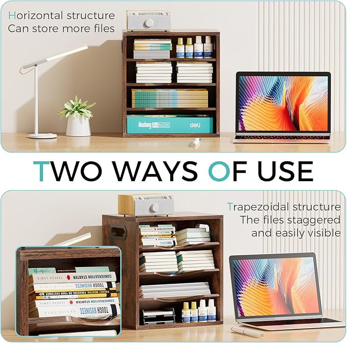 Vintage Wood File Organizer Desktop-14.5’’ Document Letter Mail Tray Sorter with 3 Adjustable Shelves Wooden Desk Organizer File Holder for School Home Office Supplies (Retro Brown)