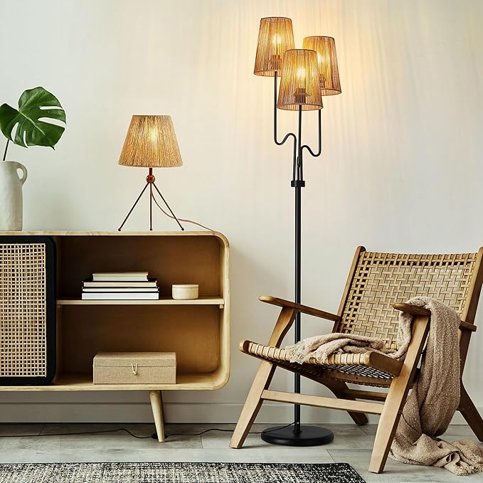 Boho Floor Lamp, 68in. Rattan Floor Lamps with Rattan Shade,3 Light Tree Standing Lamp for Bedroom,Nursery,E26 Socket, Living Room Floor Lamp for Rustic,Coastal, Beach or Bohemian Decor (Black)