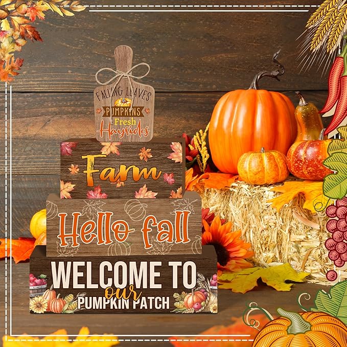 4 Pcs Fall Decorations for Home Farmhouse Tiered Tray Decor, Fall Kitchen Decor Rustic Wooden Cutting Board Block Sign Autumn Thanksgiving Harvest Tabletop Centerpieces for Home Table Indoor