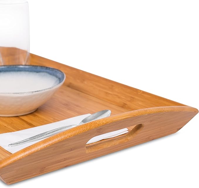 BIRDROCK HOME Breakfast Serving Tray with Handles - Set of 2 - Natural Bamboo - Wood - Food - Breakfast Tray - Party Platter - Nesting - Kitchen and Dining
