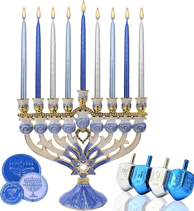 The Dreidel Company Metallic Hanukkah Candles Frosted Premium Tapered Hand Decorated Chanuka Candles (Metallic Blue & Silver)