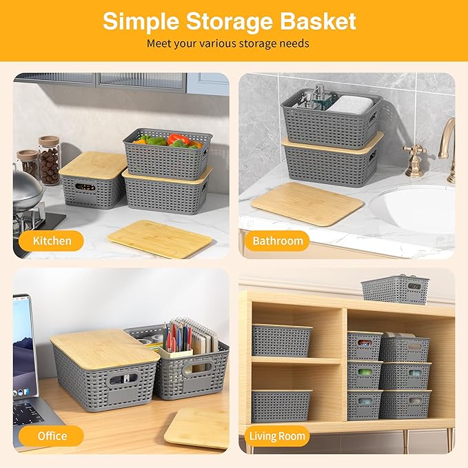 6 Pieces Gray Plastic Storage Baskets with Bamboo Lids with Labels Stackable Storage Containers for Organizing Shelves Drawers Desktop Closets Playroom Classroom Office