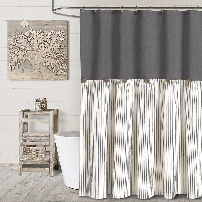 Awellife Farmhouse Grey Shower Curtain Button Linen Textured Woven Fabric,Pleated Grey Stripe,Country Style,72x72 Inch