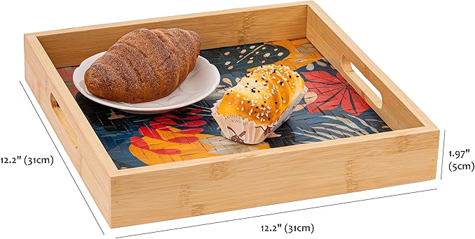 PEMAR 12.2" Square Bamboo Art Decor Tray with Handle, Food Drink Serving Tray for Breakfast Lap Bed Eating. Pattern Printed on Bamboo. Decorative Catchall Coffee Table Entryway Nightstand (Toucan)