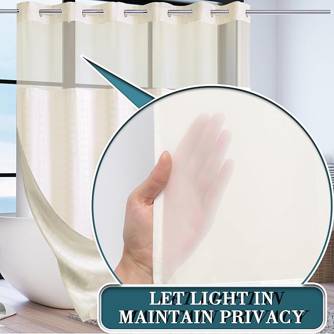 Conbo Mio Extra Wide No Hook Shower Curtain with Snap in Liner Set, 108" x 74" Hotel Luxury Beige Shower Curtains for Bathroom with See Through Top Window, Waterproof, Washable 108W x 74H