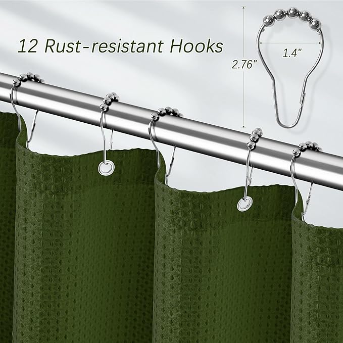 Extra Long Green Bathroom Decor Waffle Shower Curtain 96 Inches 256GSM Heavy Duty Shower Curtain Set, Hotel Quality Water Repellent Modern Shower Curtains with 12 Hooks,72Wx96H