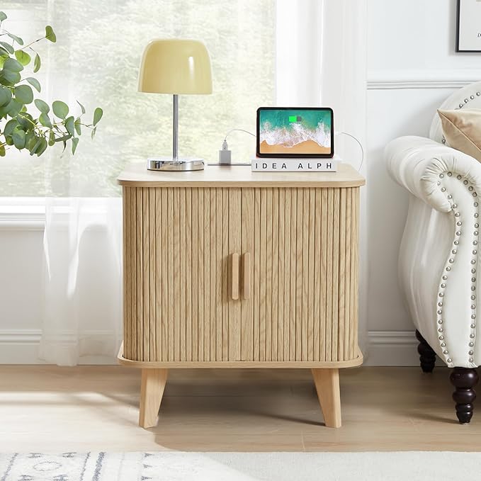 AVZEAR 24" Large Square End Table with Charging Station, Farmhouse Fluted Sofa Side Table with Sliding Tambour Door & Storage, Curved Rustic Wood Nightstand for Living Room, Bedroom, Natural