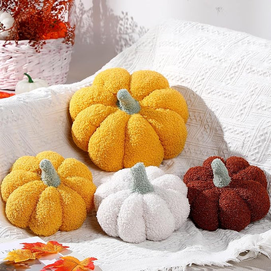 Kajaia 4 Pcs Fall Decor Pumpkin Throw Pillow Fall Pillow 11 Inches 7 Inches 3D Cushion Thanksgiving Sherpa Plush Fluffy Stuffed for Autumn Halloween Christmas Home Sofa(White, Yellow, Brown, Pink)