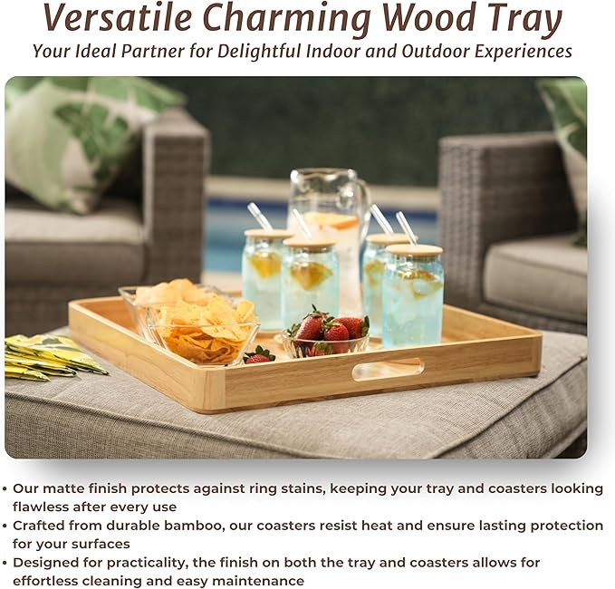 Wooden Ottoman Tray for Living Room – Large 19" Square Serving Tray with Handles & 6 Coasters Set, Ideal for Coffee Table, Couch, Kitchen, Breakfast, Food, Drinks & Home Decor