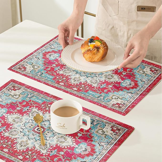 Snycler Table Runner Boho Table Runners Vintage Elegant Farmhouse Table Center Linen Decor for Home Dining Party Entrance (12x18 Inch ,Set of 4) Boho-Pink