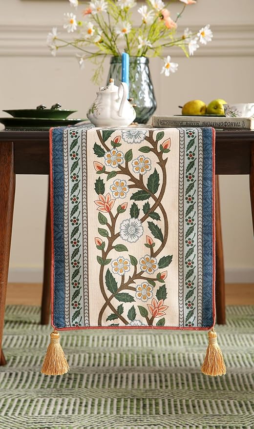 ISAENNE Designer Vintage Elegant Linen Table Runner 102 Inches Long,Colorful Flower Pattern Soft Table Runners for Dining Tables,Thanksgiving,Kitchen Tables,Christmas,12"*102"-Naples C