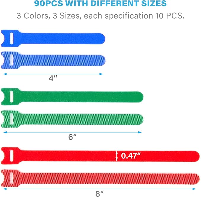 90 PCS Reusable Cable Ties 4+6+8 Inch, Adjustable Hook and Loop Straps for Cord Organization, Wire Management - Home, Office, Garage