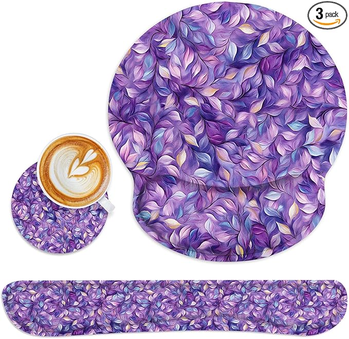 Britimes Purple Leaves Oil Painting Mouse Pad 3pcs Set with Wrist Support Non-Slip Rubber Base Ergonomic Pad,Mouse Wrist Cushion Support and Coasters for Home Office Gaming Easy Typing & Pain Relief