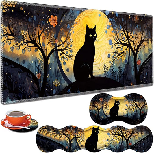 Large Gaming Table Pad 31.5 "x 11.8" + Keyboard Wrist Pad + Mouse Wrist Pad + Coaster Non-Slip Base 4-in-1 Set, Ergonomic Memory Foam, Easy Typing Pain Relief, Sky Cat