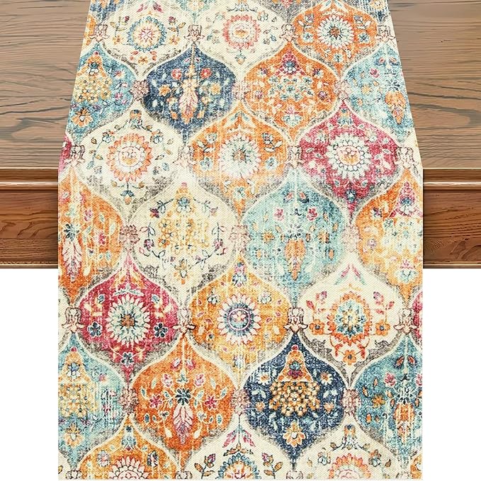 Snycler Table Runner Boho Table Runners Vintage Elegant Farmhouse Table Center Linen Decor for Home Dining Party Entrance (13x108 Inch) Boho-Yellow