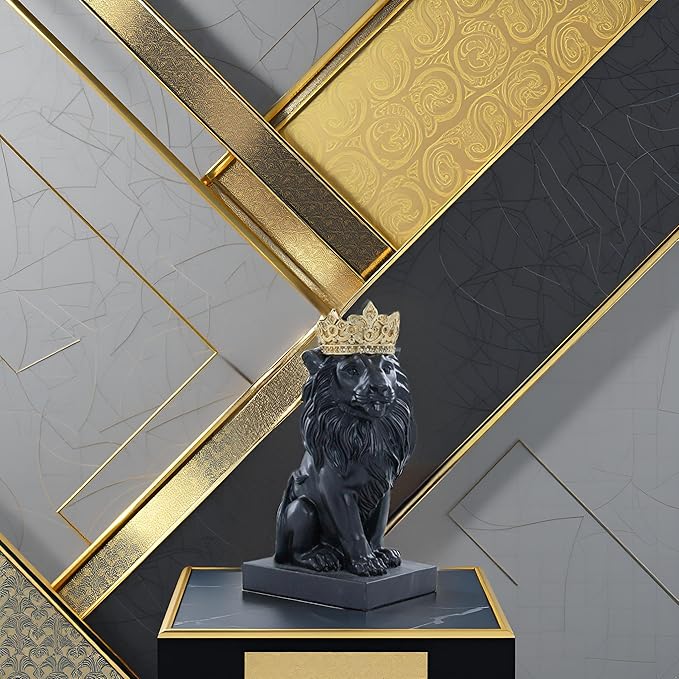 8" Crown Lion King Statue Decor, The King of Beasts - Statue Decoration for Home/Study/Living Room, Great Collectible Figurines, Best Gift for The Man, Black Golden Color