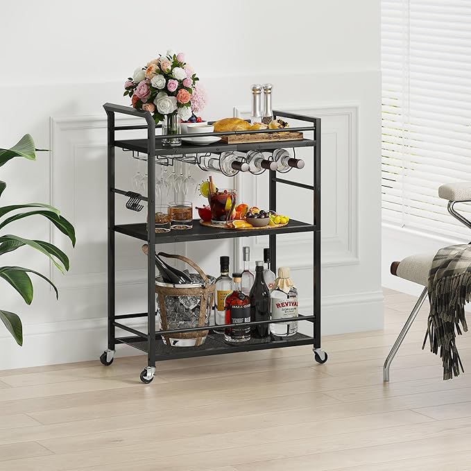 3 Tier Bar Cart, Home Bar Serving Cart with Wheels, Small Rolling Beverage Cart with Glass Holders, Mini Drink Cart with Wine Rack for Kitchen Dining Living Room Black GBC507B