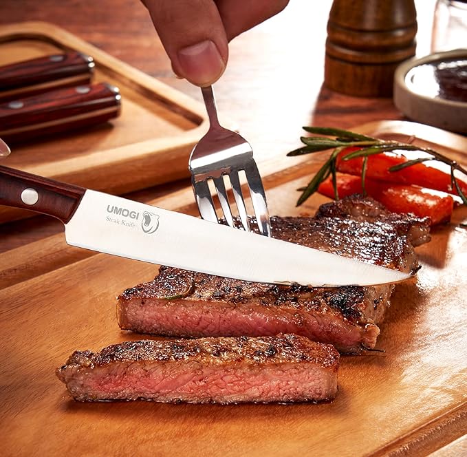 Premium Steak Knives Set of 6 in Gift Box - Polished Wood Handle, HC German Stainless Steel, Straight Edge Non Serrated - 4.8''Dinner Knife, Kitchen Tableware Knives Cutlery Set