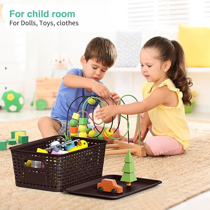 8-Pack Brown Plastic Storage Baskets with Lids, Label Organizers, Stackable Organizer Containers: For Organizing Shelves, Drawers, Desk Closets, Playrooms, Classrooms, Offices