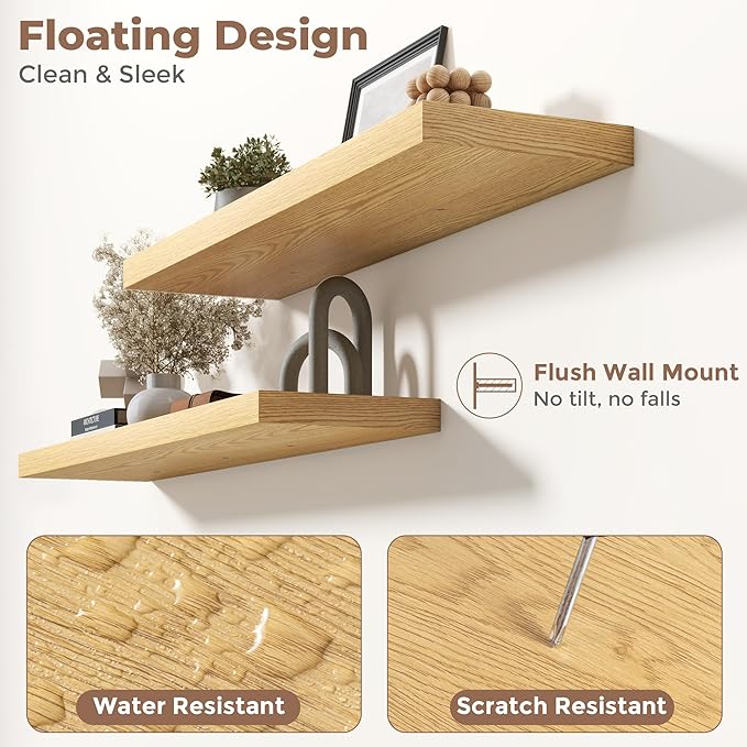 Floating Shelves for Wall with Invisible Brackets, Wall Mounted Engineered Wood Shelves with Wood Grain for Living Room, Bedroom, Bathroom, Kitchen Decor and Storage, Oak, 36"L Set of 2, Oak