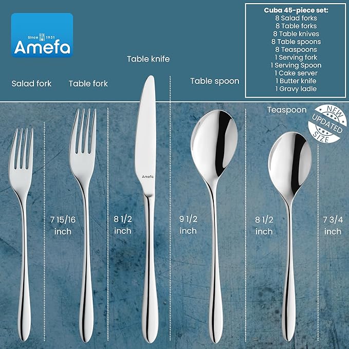 Amefa 45-Piece Silverware Flatware Cutlery Set Service for 8, Durable 18/10 Stainless Steel High Gloss Mirror Finish, tableware in Ergonomic Design Size and Weight, Dishwasher Safe (Cuba)