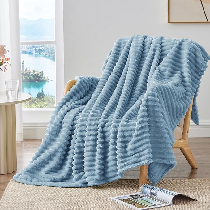 BEDELITE Twin Blanket for Couch & Bed, 300GSM Soft & Warm Fleece Blanket, Decorative and Giftable Striped Light Blue Blankets for Women, Men, 60"x80"