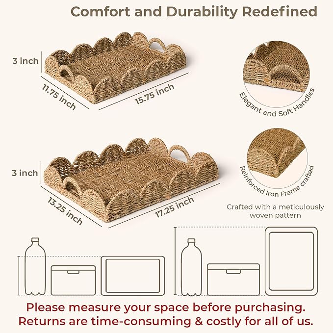 KOKODO Set of 2 Scalloped Wicker Baskets – Handwoven Seagrass Storage Baskets with Handles for Organizing, Bathroom, Living Room & Shelf Décor – Decorative Rattan Organizing Tray