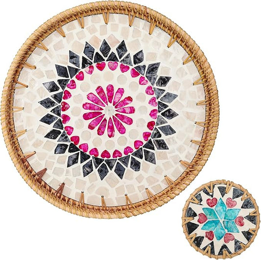 Round Rattan Serving Tray with Mother of Pearl Inlay & Coaster, Boho Wicker Basket, Decorative Coffee Table Tray for Table Decor, Storage and Display of Coffee Bread Fruit (Red Heart Shell)