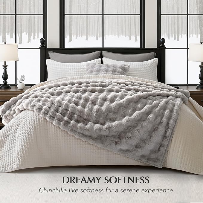 EverGrace Ultra Soft Luxury Fluffy Faux Rabbit Fur Throw Blanket, Thick Warm Bubble Throw for Bed, Cozy Plush Reversible Blankets for Couch, Chair, Sofa, Taupe, 50x60 Inches