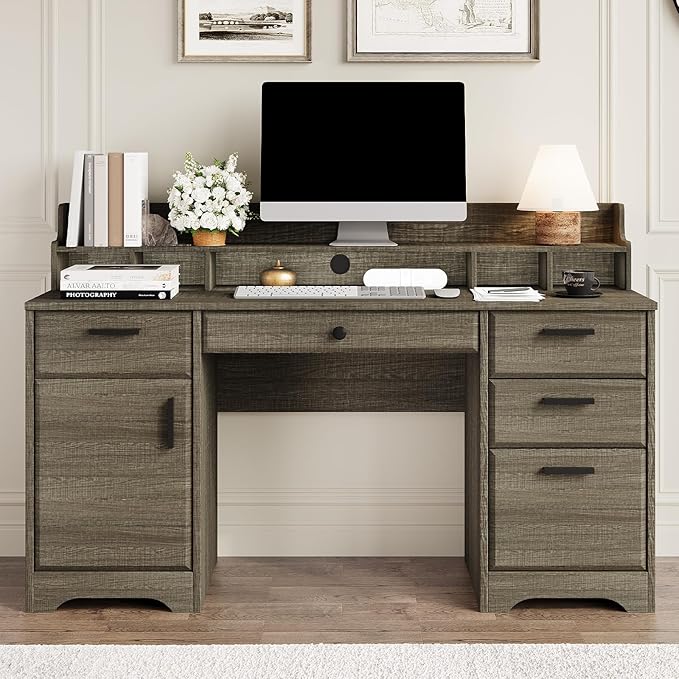 58 Inch Executive Desk with File Drawers, Computer Desk with Storage, Rustic Desk with Adjustable Shelves, Office Desk with Hutch for Bedroom, Grey