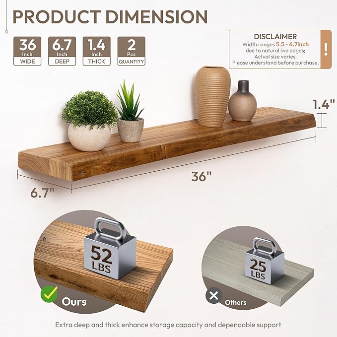 Marsmiles 36 inch Floating Shelves for Wall Elm Wood Live Edge Shelves|Rustic Wall Shelves with Invisible Heavy-Duty Bracket for Bathroom Living Room Kitchen|Natural, 2 Pack